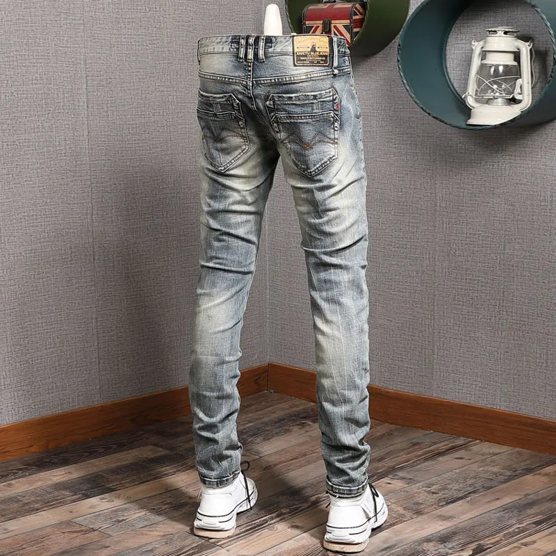 European Vintage Fashion Men Jeans Retro Elastic Cotton Slim Fit Distressed Ripped Jeans Men Simple Designer Casual Denim Pants