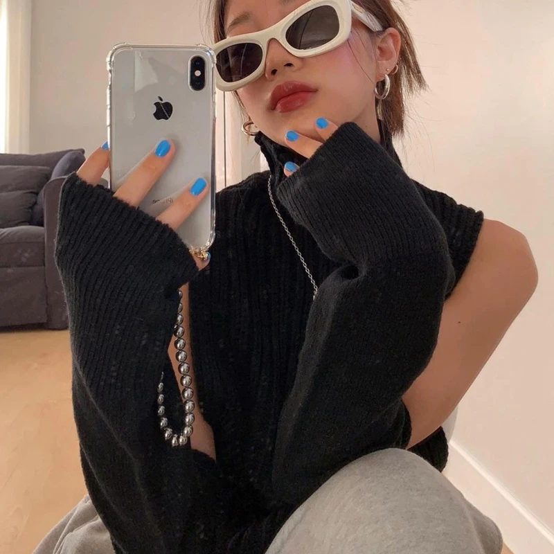 Женский трикотажный жилет укороченный топ-водолазка с рукавами осень-весна Y2K |