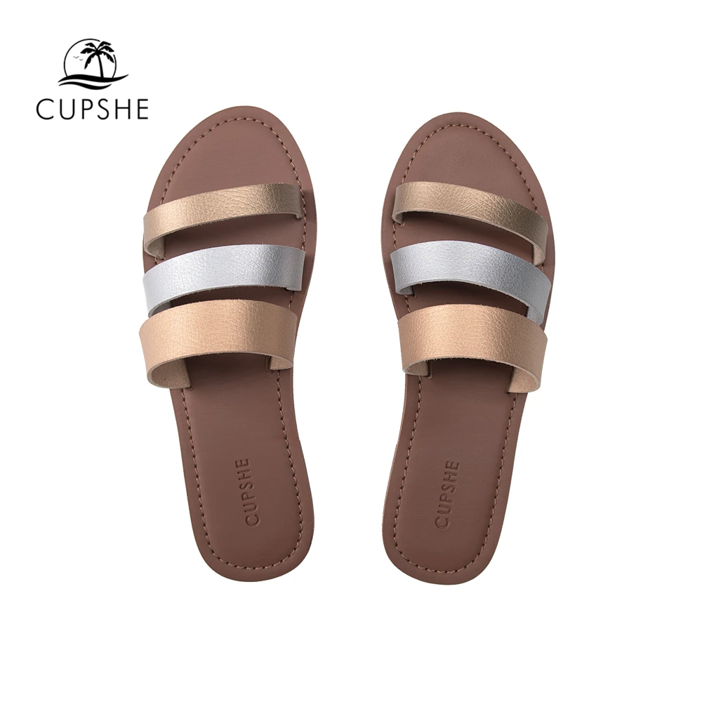 

CUPSHE Straps Slide Sandals For Women 2021 New Summer Beach Open Toe Low Heel Sandals Soft PU Casual Flip Flop Shoes