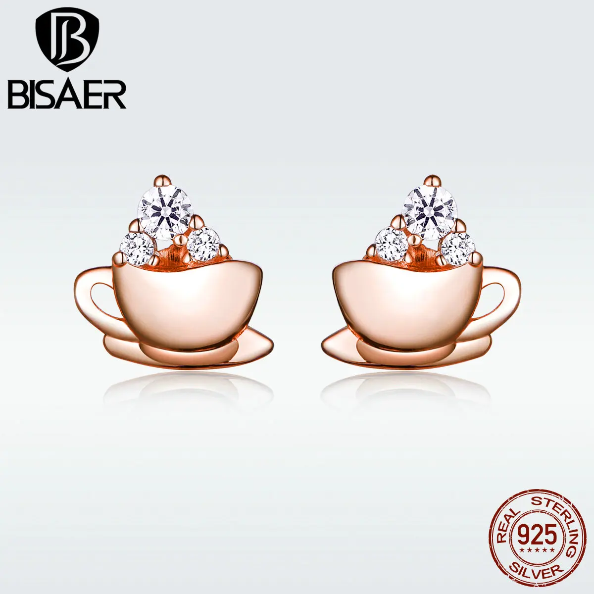 Bisaer 100% Стерлинговое Серебро 925 пробы золотые серьги-гвоздики с кофейной чашкой