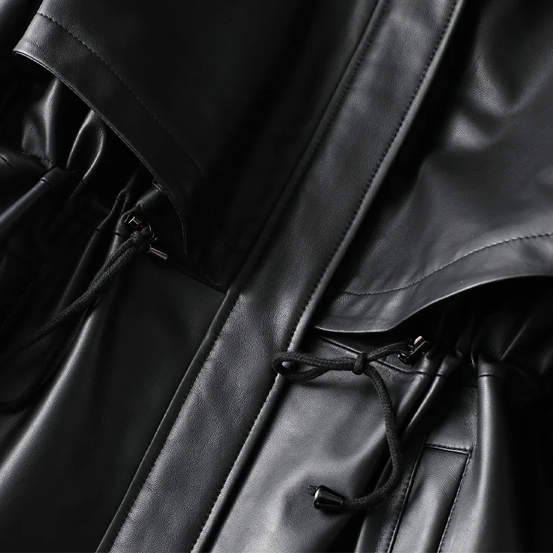 Женский длинный пуховик из овечьей кожи с меховым воротником и капюшоном большие