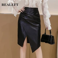 realeft 2020 new womens pu leather skirt fashion office ladies irregualer high waist slim midi length womens skirts female