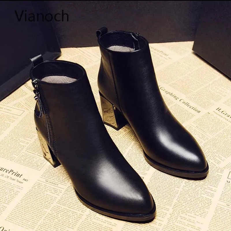 Новые модные женские ботильоны Vianoch 2018 зимняя теплая обувь с острым носком