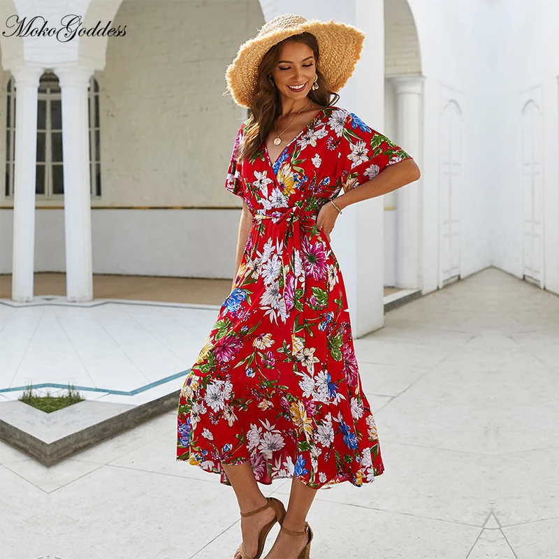 Платье женское средней длины с цветочным принтом V-образным вырезом и коротким