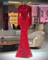 red mermaid prom dresses ruffles long sleeve evening dress luxury beads sequined custom made formal party pageant gown