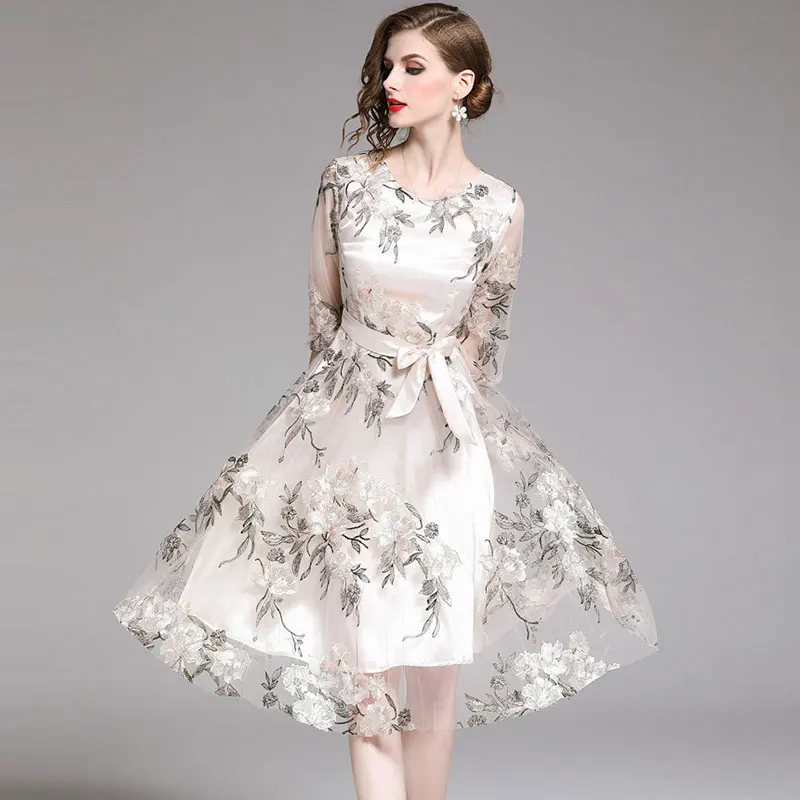 

2020 летнее платье женское подиумное с коротким рукавом Цветочная вышивка бежевое высококачественное Сетчатое Элегантное Платье До Колена