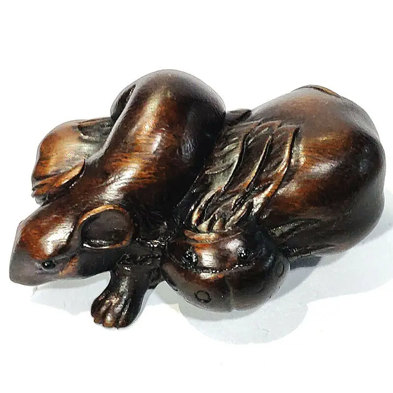 

Y7363 -Collectible 20 Years Old 2" Hand Carved Ebony Ironwood Netsuke - Mouse and Insect