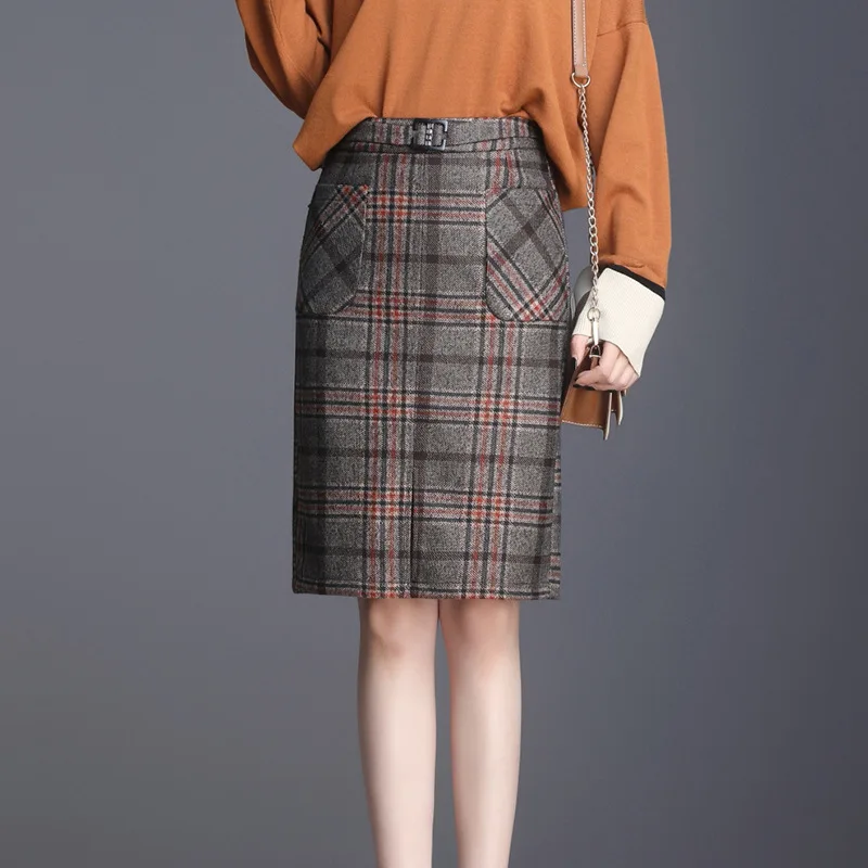 Женская юбка в клетку европейском стиле осенне зимняя с карманами и высокой