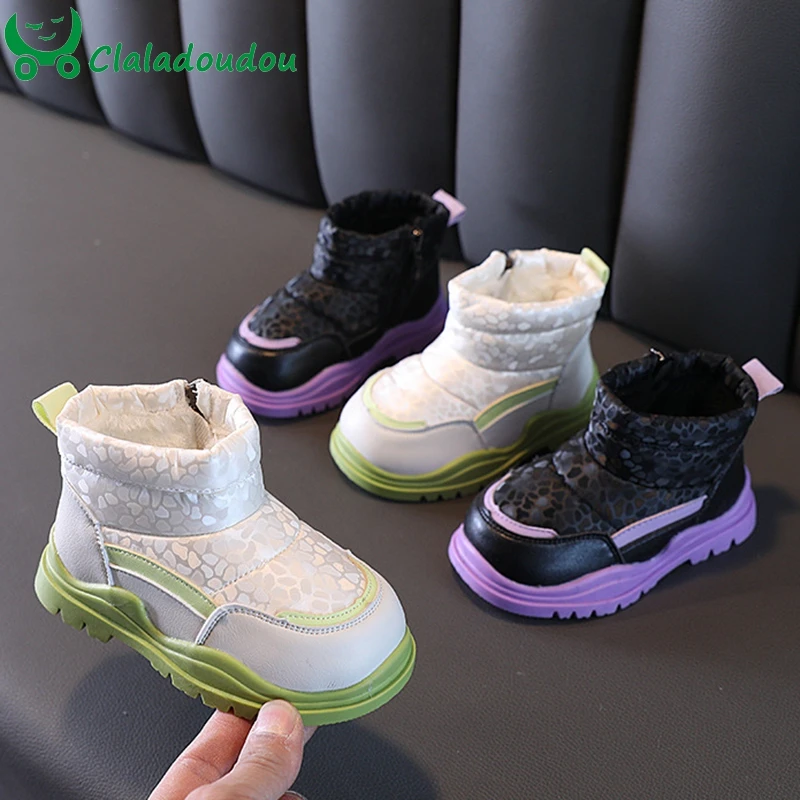 

12-15.5cm Brand New Winter Girls Boots,Pu Leather Princess Warm Plush Leopard Fashion Ankle Boots,Toddler Baby Water-proof Shoes