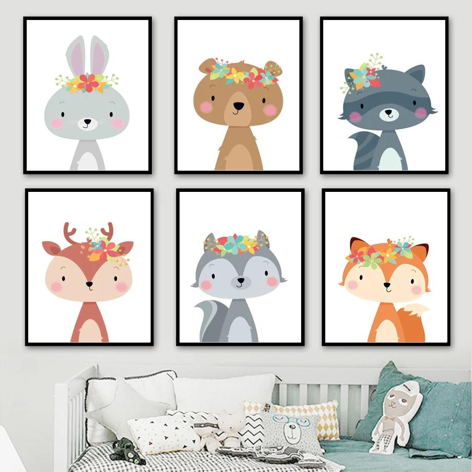 

Bear Fox Deer Rabbit Wolf Cartoons Animal Wall Art Canvas Painting Nordic Posters And Prints Wall Pictures Baby Kids Room Decor