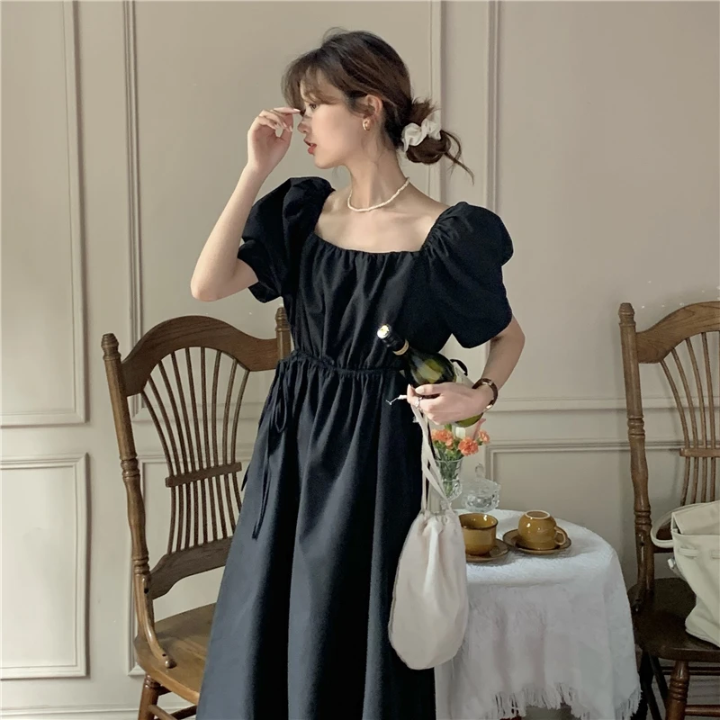

pure color dress French accept waist show thin square collar hubble-bubble sleeve dress # 1481 in the elastic