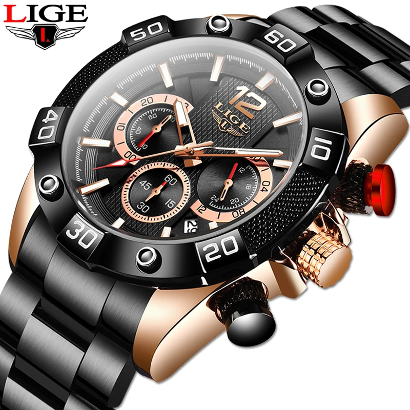 LIGE спортивные часы с хронографом мужские модные водонепроницаемые аналоговые