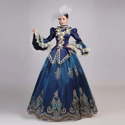 

100%real baroque blue embroidery rococo vintage ball gown long dress vintage medieval dress Renaissance princess Victoria dress