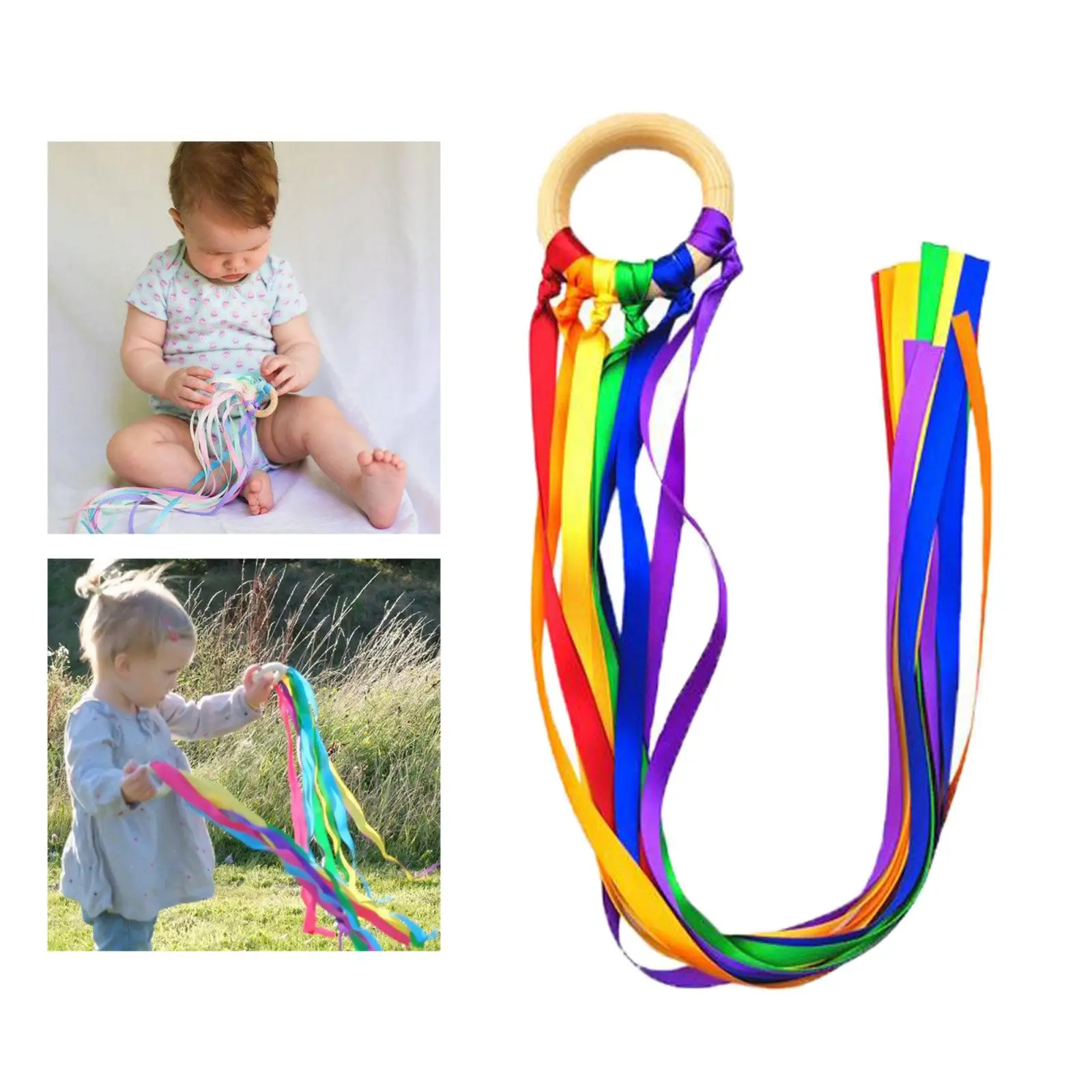 Baby Sensory Tow Rainbow Ribbon Rings Teether Pram Toy for Infant Early Development