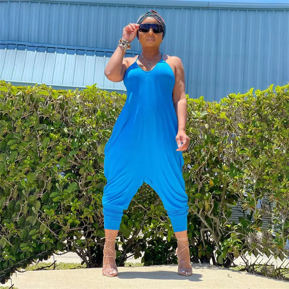 

2021 Women Summer Sexy Sarouel Jumpsuit Loose V-neck Backless Nightclub Rompers Female High Stretch Harem Pants