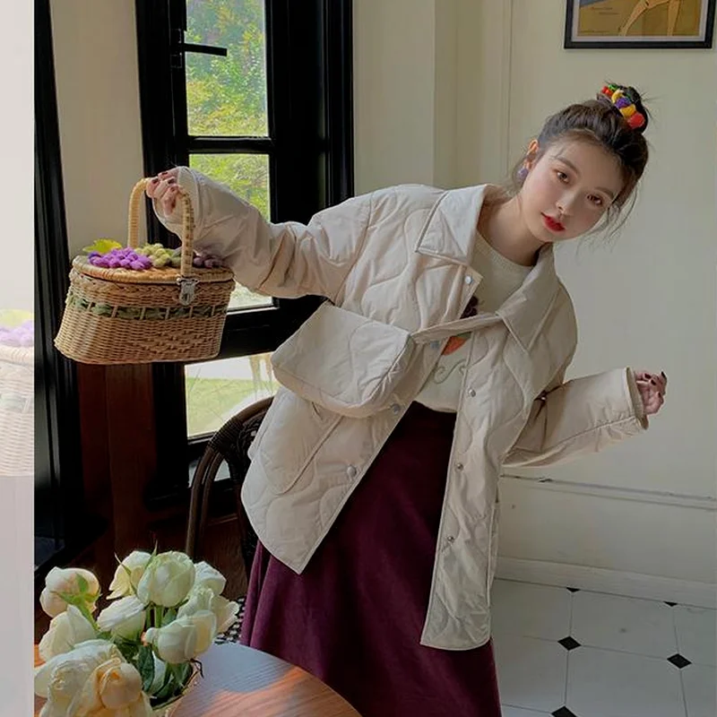 Женские парки свободного покроя с отложным воротником однотонная Милая уличная