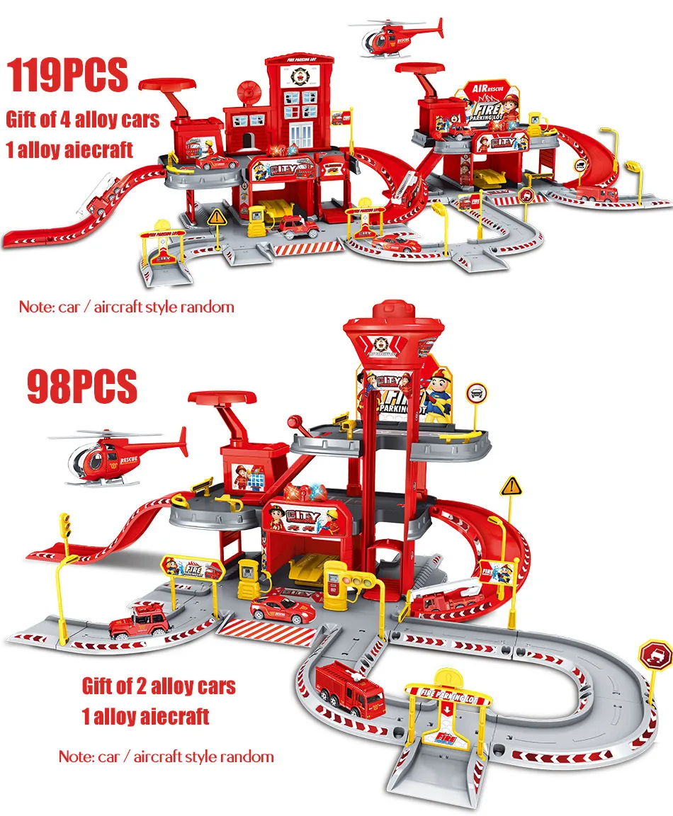 3D City Police Station Railway Alloy Car Play Engineering Fire Truck Track Car DIY Model Building Kits Assembly toys for kids