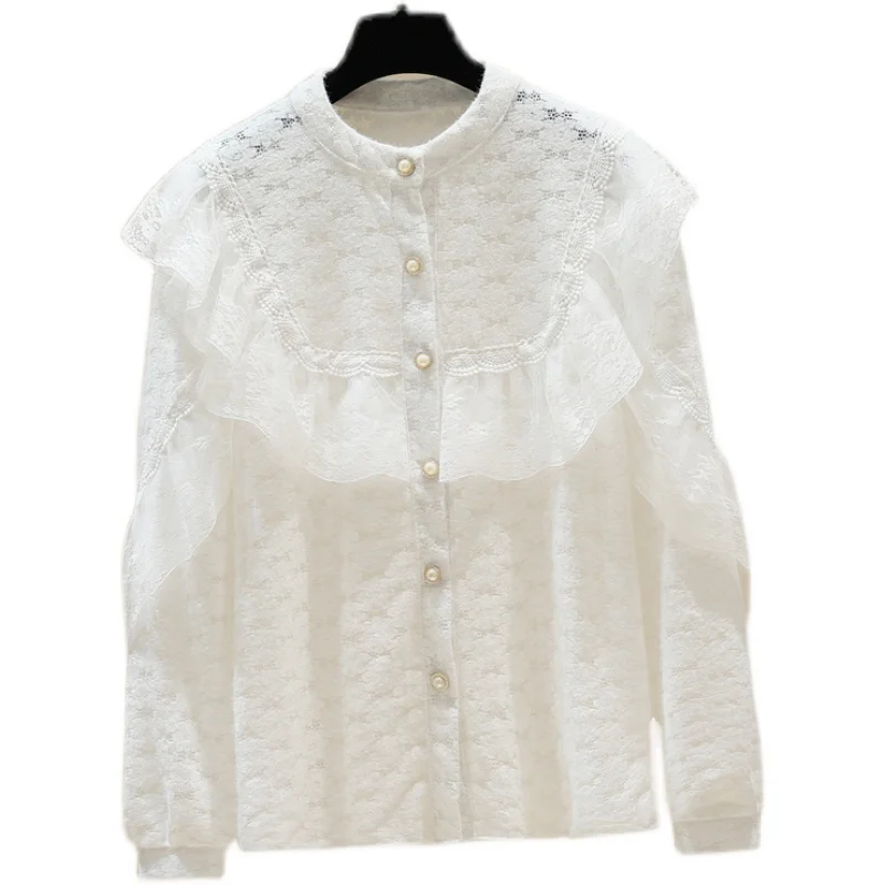 

women blouse white fashion brand lace stitching chiffon shirt women's 2021 spring new Korean version loose ruffles tops female