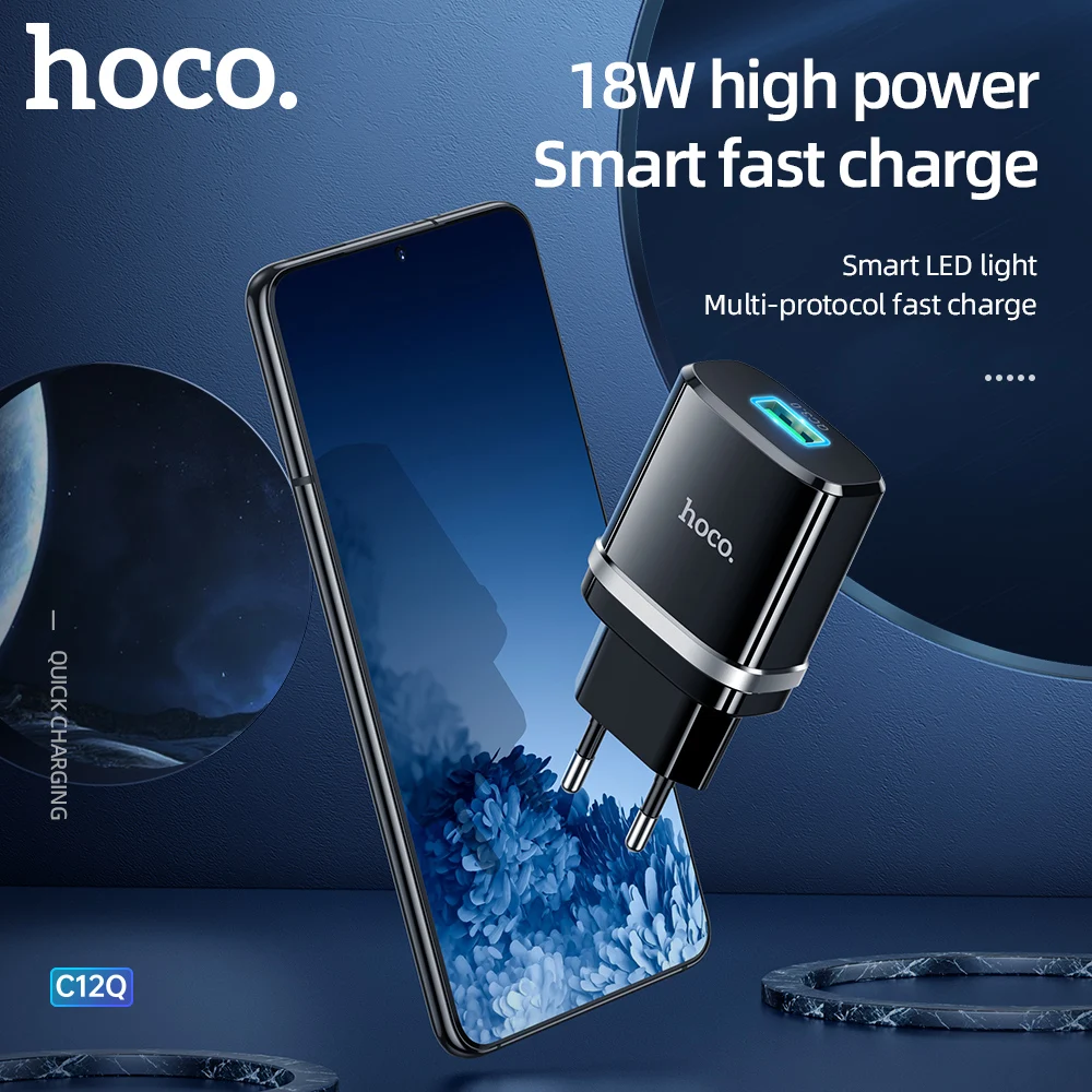 

Hoco 18W QC3.0 2.0 Fast Charging EU Adapter For Samsung S20 S21 A51 A71 3A Quick Mobile Phone USB Charger For Huawei P40 P50 Pro