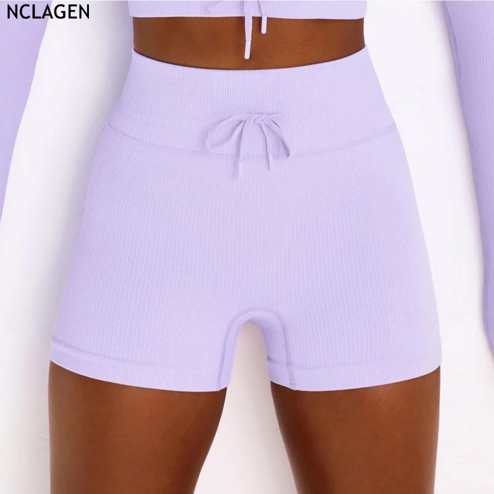 

Yoga Women's Sports Shorts Fitness High Waist Drawstring Squat Proof Knitted Bottoms Elastic Tummy Control Dry Fit GYM Leggings