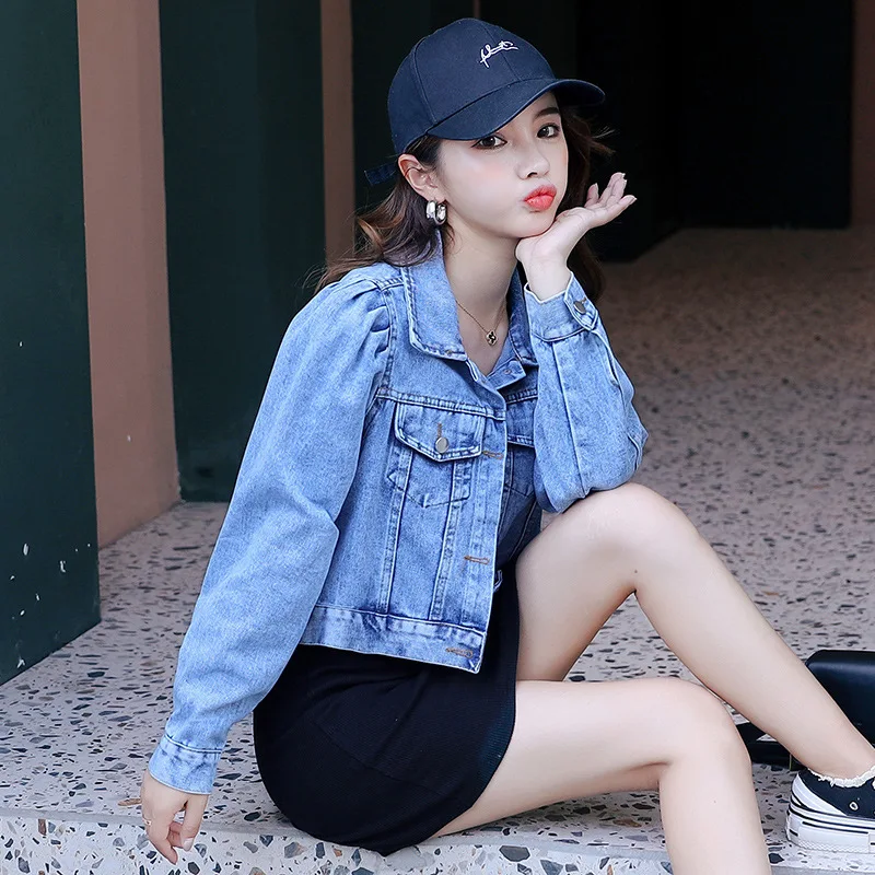 

2020 autumn Denim Jacket Women's Korean bubble sleeve mesh red versatile top loose thin fashion temperament