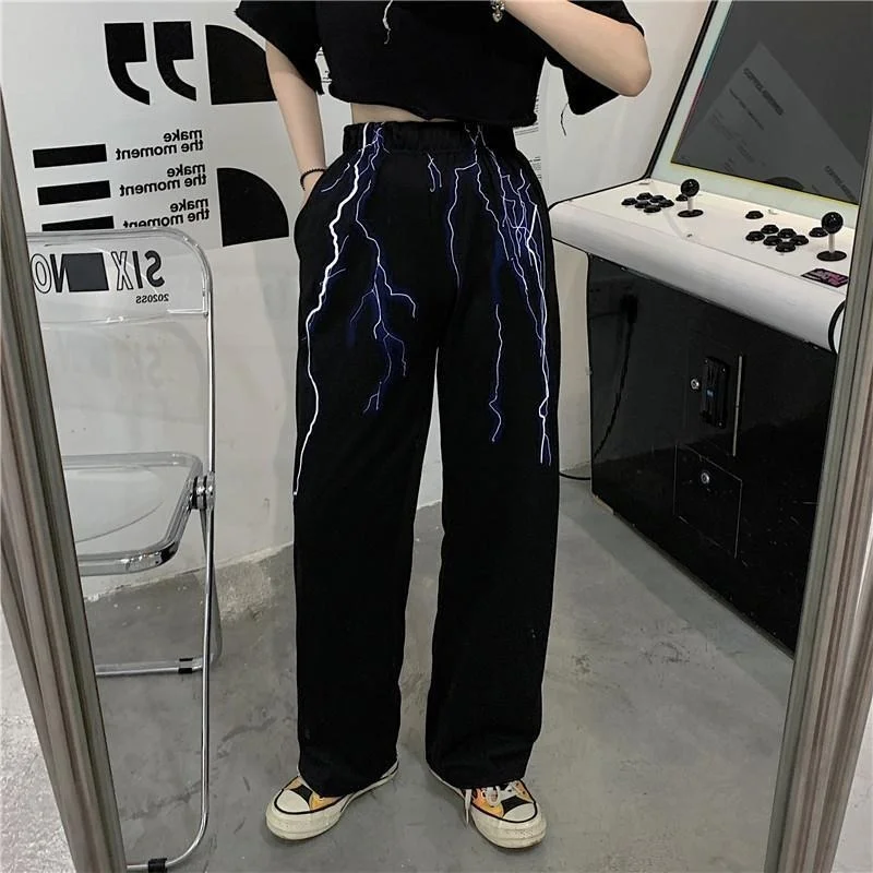 

HOUZHOU Streetwear Lightning Print Wide Pants Women Gothic High Elastic Waist Casual Trousers Female Summer Aesthetic Techwear