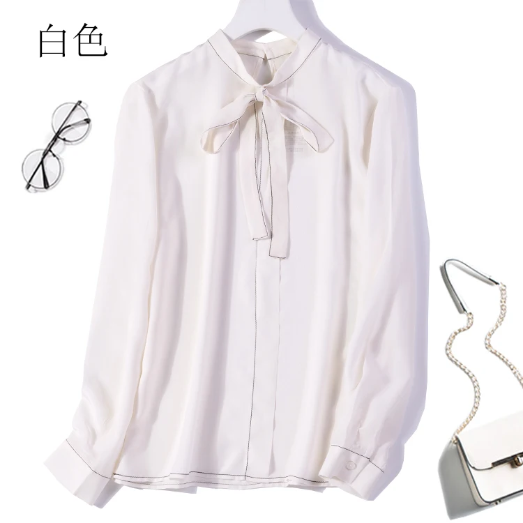 

Women's 100% Pure Silk Shirt Top Blouse white Color Tie Bow Neck Office Work M L XL JN081