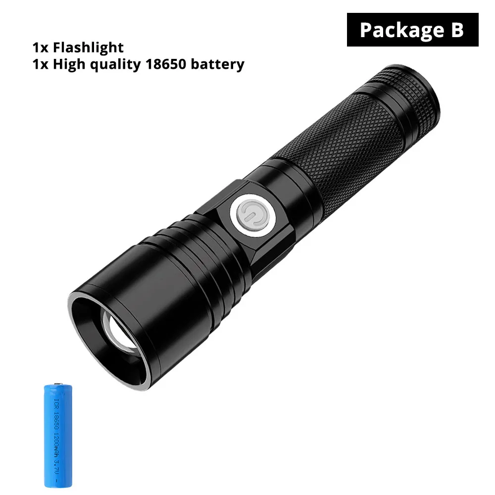 Package B USB Перезаряжаемый светодиодный фонарик супер яркий 5 Режим зум водонепроницаемый фонарь питание от 18650 комплект батареи для ночного освещения - Испускаемый цвет: Package B
