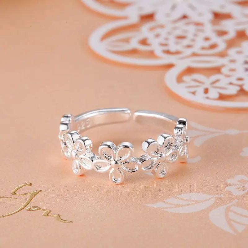 

Hot new brands 925 Sterling Silver flower Rings for Women adjustable Elegant Fashion Wedding Party Holiday gifts Charm Jewelry