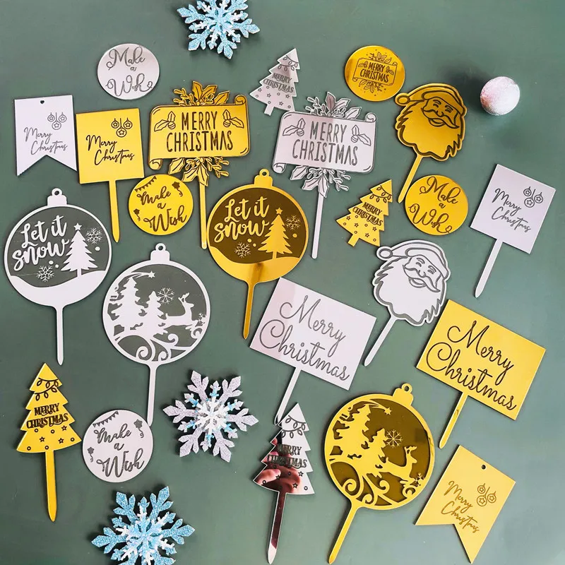 

Merry Christmas Cupcake Toppers Small Size Acrylic Glitter Xmas Holiday Cupcake Picks Happy New Year Party Cake Decor