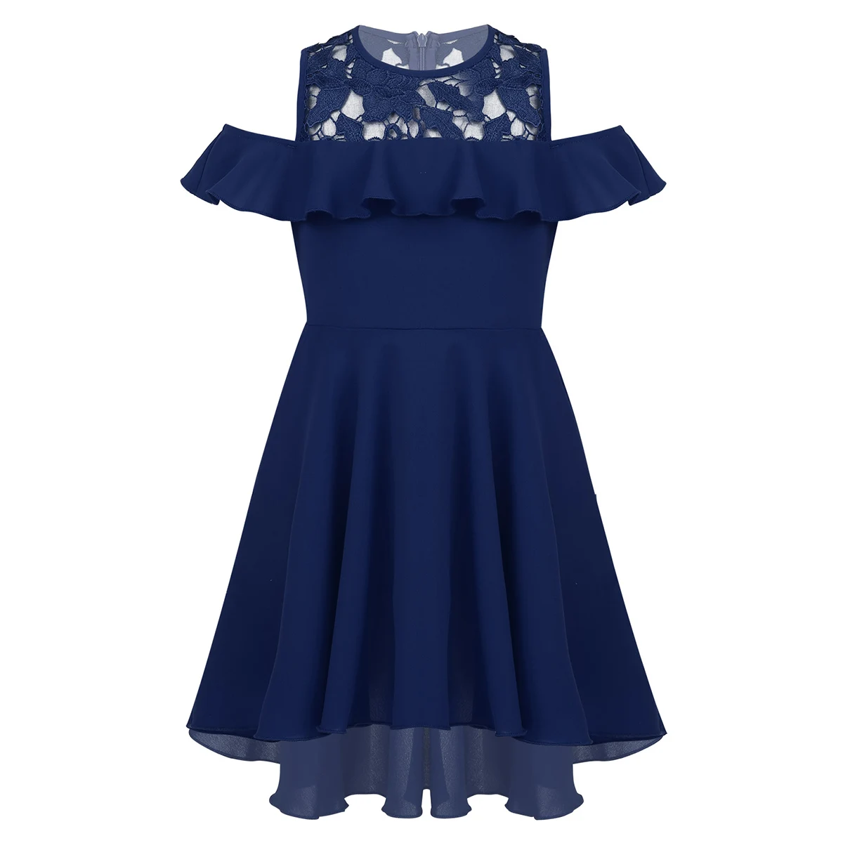 Navy Blue Праздничное платье для девочек, с открытыми плечами, с оборками, с кружевными вставками, с высоким-низким подолом милые летние детские платья трапециевидной формы с рукавами-крылышками - Цвет: Navy Blue