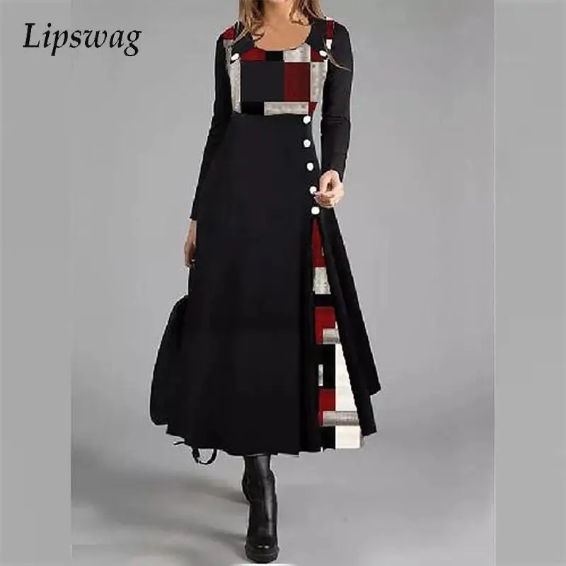 

Осенне-зимние элегантные вечерние платья на пуговицах с круглым вырезом, винтажное женское длинное платье в стиле пэчворк