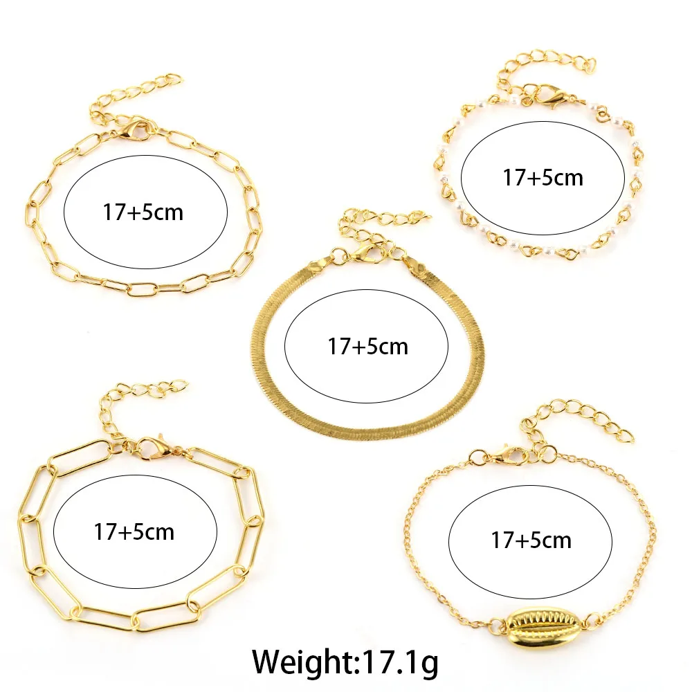 

5PCS Curb Cuban Lock Pendant Bracelets Bangles Punk Rock Metal Twisted Rope Chain Imitation Pearl Bracelet Jewelry