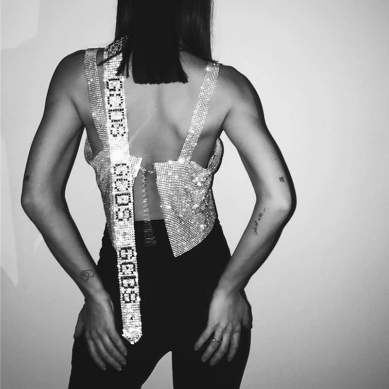 

Crystal Silver Gold Metal Strappy Backless Shiny Sequins Necklace Metallic Strap Tank Crop Top Vest