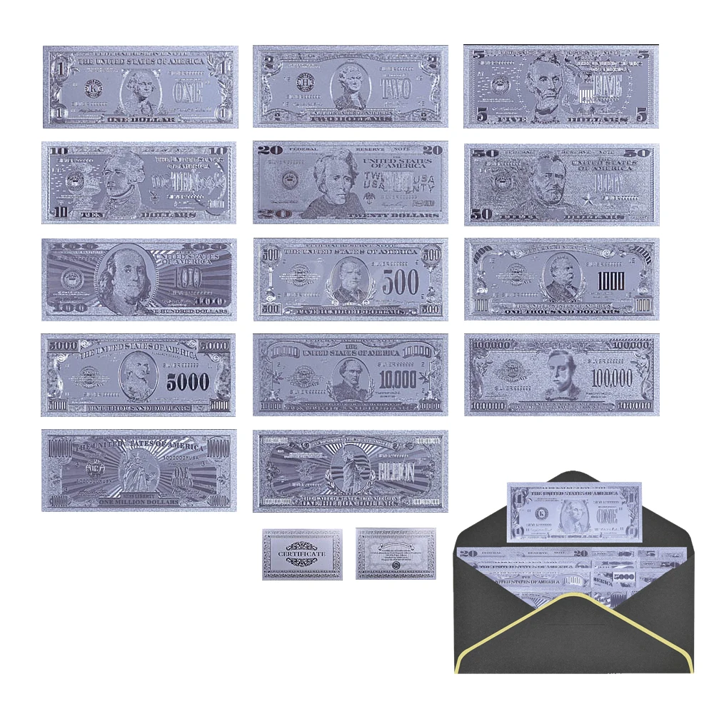 Набор серебряных банкнот 1 2 5 10 20 50 100 500 1000 5000 10000 100000 млн. миллиард долларов США -