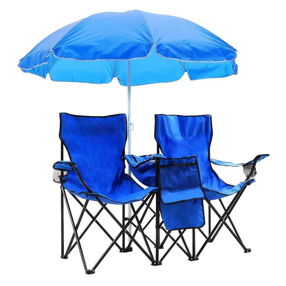 저렴한 휴대용 야외 2 좌석 접이식 의자 탈착식 태양 우산 블루 낚시 및 일광욕 용