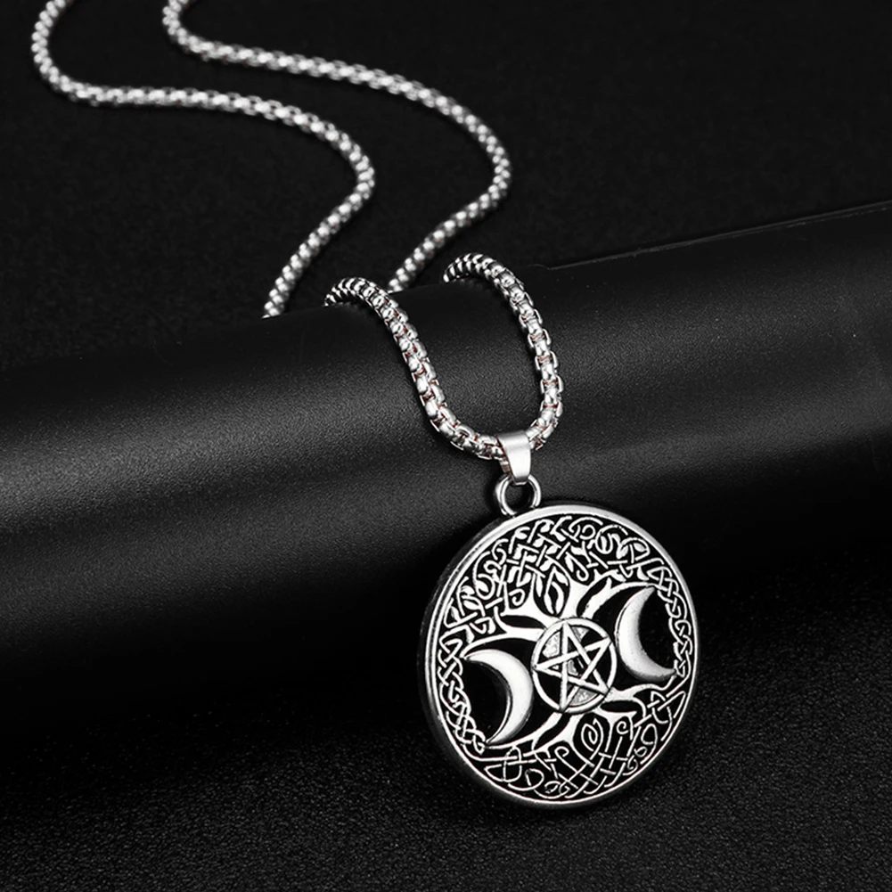 

Vintage Triple Moon Goddess Pendant Necklaces For Men Women Wicca Pentagram Magic Supernatural Amulet Necklace Stainless Steel