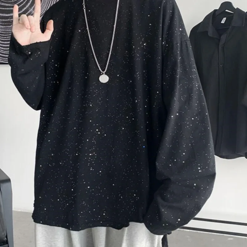 

Ripped O-neck T-shirt Men Korean Rest T-shirt Men's Fashion Loose T-shirt Men's Streetwear Hip-hop Long-sleeved T-shirt Men