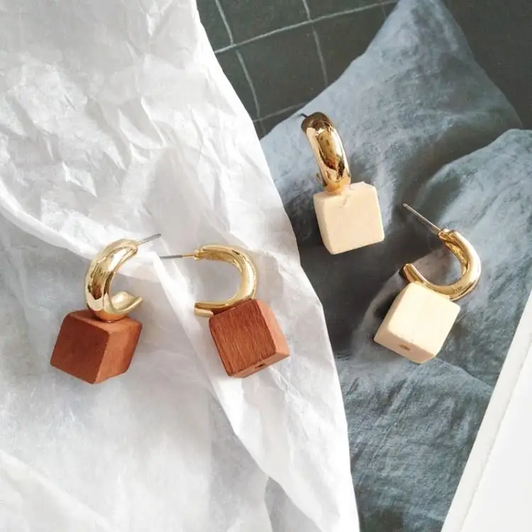New Korean Wooden Colorful Geometric C Shape Angular Earring Vintage Women Girls Wedding Travel Jewelry Gifts Earrings | Украшения и