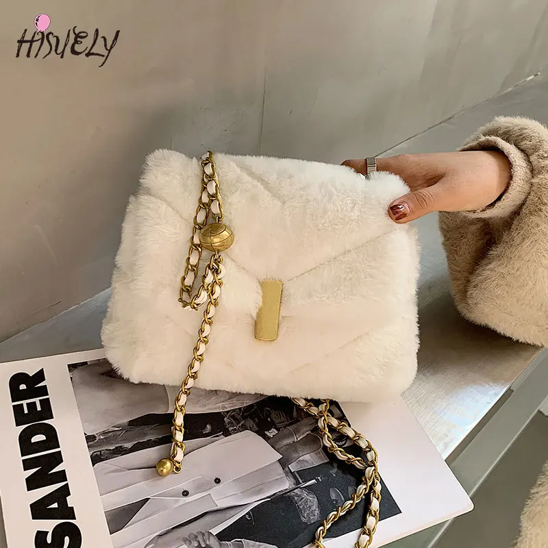 

HISUELY Faux Fur Soft Crossbody Bags for Women 2022 New Winter Plush Shoulder Hand Bag Lady Trending Chain Handbags and Purses