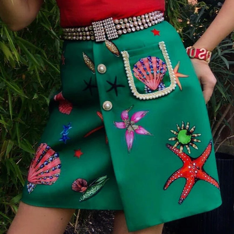 LD LINDA DELLA 2021 Fashion Designer Summer High Waist Mini Skirt Women Gorgeous Beaded Print Short Green Skirts
