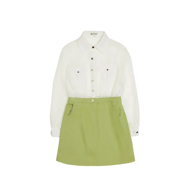 

ANDEMES New Lapel Mesh Texture Fabric Stitching Fake Two Dresses