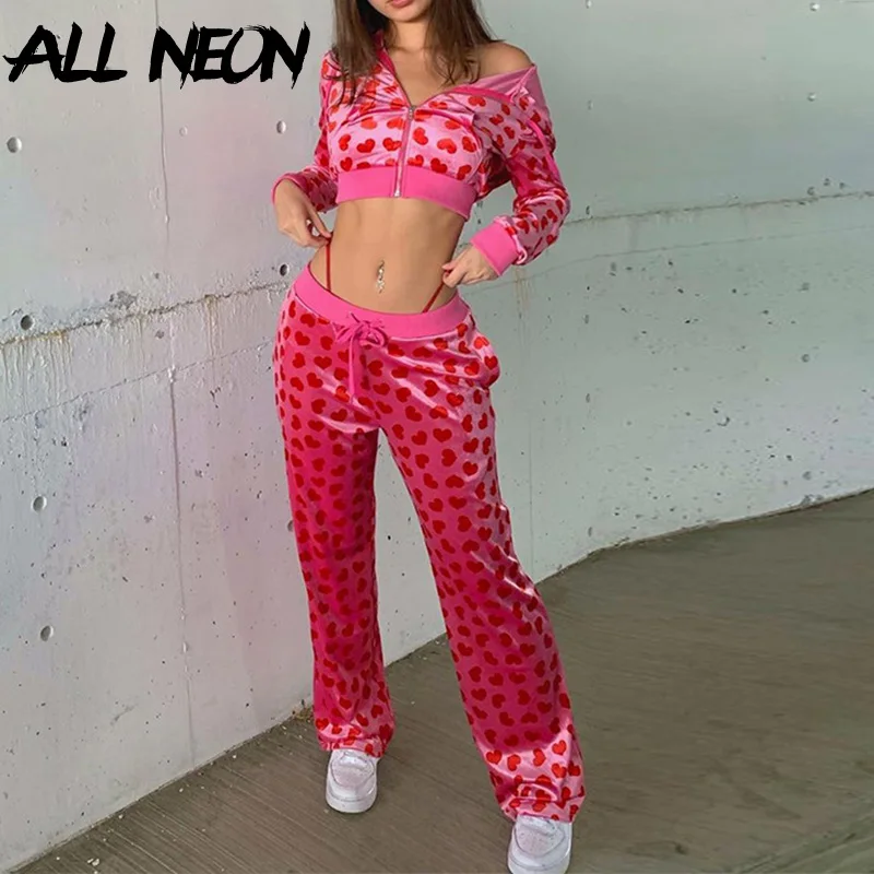 

ALLNeon 2000s Aesthetics Pink Heart Print Velour Track Set Y2K Streetwear Zip Up Hoodies 2 Piece Suit With Pants Kawaii Co-ords