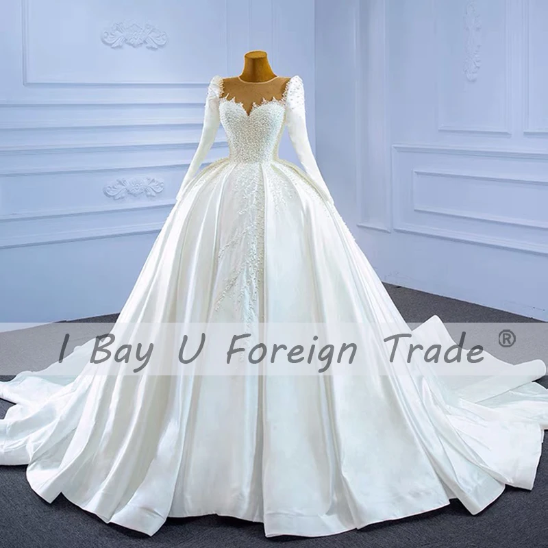 100% Real Photo Vintage Pearl Wedding Dress 2021 Casamento Long Sleeve Beading Lace Bridal Gowns Lace Up