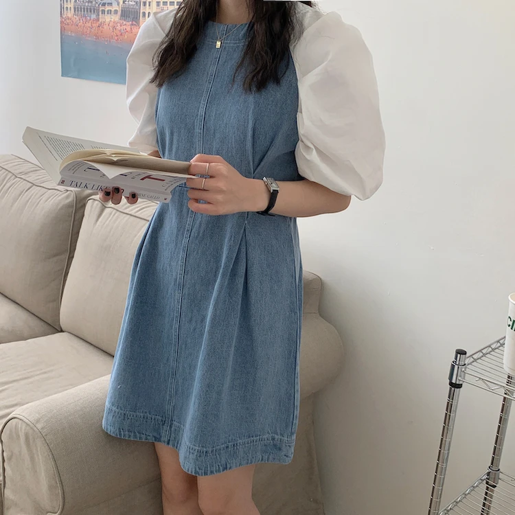 

Colorfaith New 2021 Women Summer Dresses High Waist Patchwork Denim Puff Sleeve Korean Vintage Lace up Sweet Lady Dresses DR2026