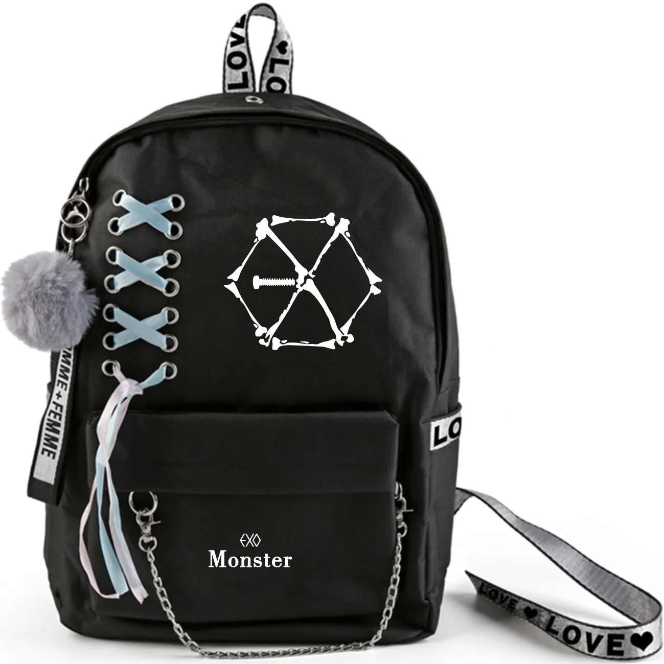 Kpop EXO рюкзак большой емкости школьные сумки с скрещенной лентой плюшевый мячик-подвеска EXO дорожная сумка Коллекция фанатов Прямая
