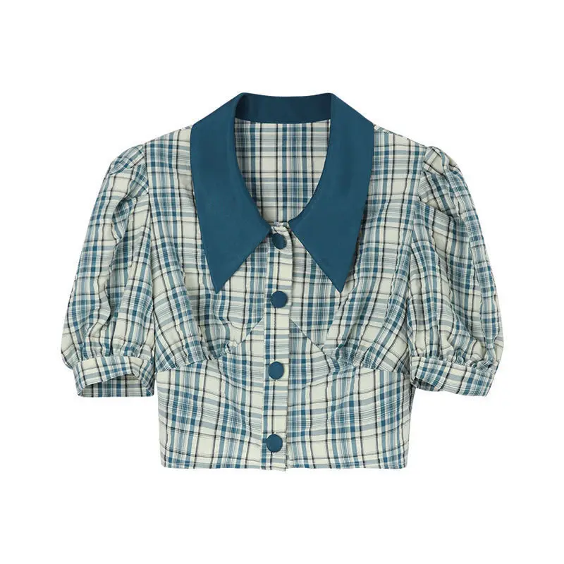 

Women's Shirt Vintage Plaid Puff Sleeve Top Harajuku Cute Clothes Korean Fashion Button Up Green Short Sleeve Shirts