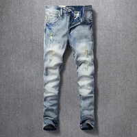 korean style fashion men jeans retro light blue elastic slim fit ripped jeans men embroidery designer street denim punk pants