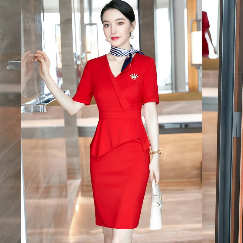 Elegant Red V-neck Summer Short Sleeve Dresses with Scarf OL Styles Women Business Work Wear Slim Hips Dress Beauty Salon