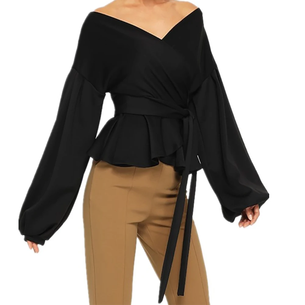 

Long Sleeve Tie Waist Party Casual Daily Elegant Polyester Holiday Women Blouse Solid V Neck Ruffle Soft Off Shoulder